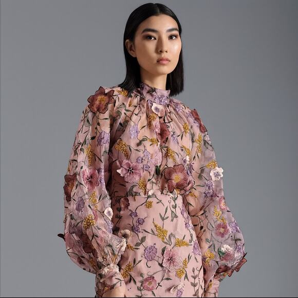 & Other Stories Tops - & OTHER STORIES Dressy Atelier Pink Floral Embroidered Sheer Party Blouse XS